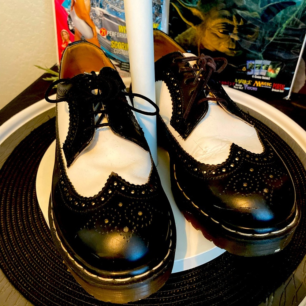 Doc Martens vintage made in England black and white wing tips. Mens 8, Womens 9